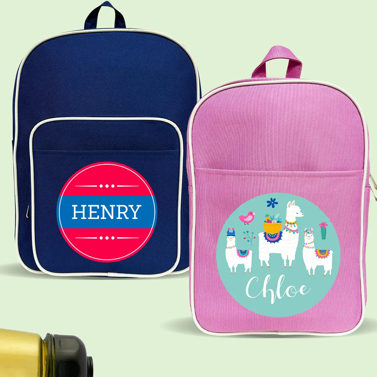 blue and pink backpacks